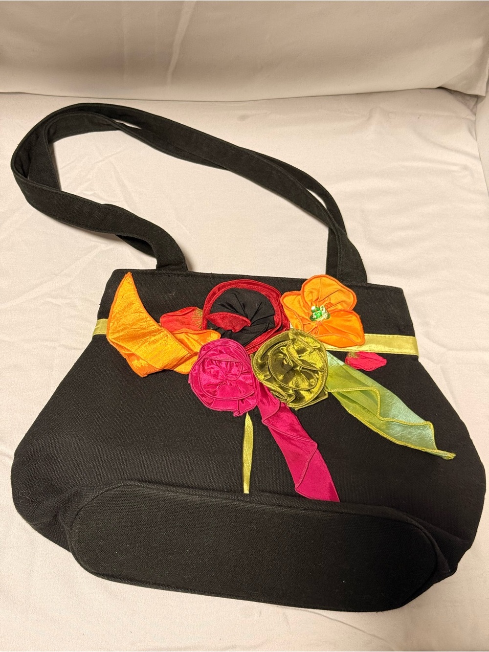 Concubine Handmade Floral Silk Appliqué Canvas Tote Bag - Black/Multicolor